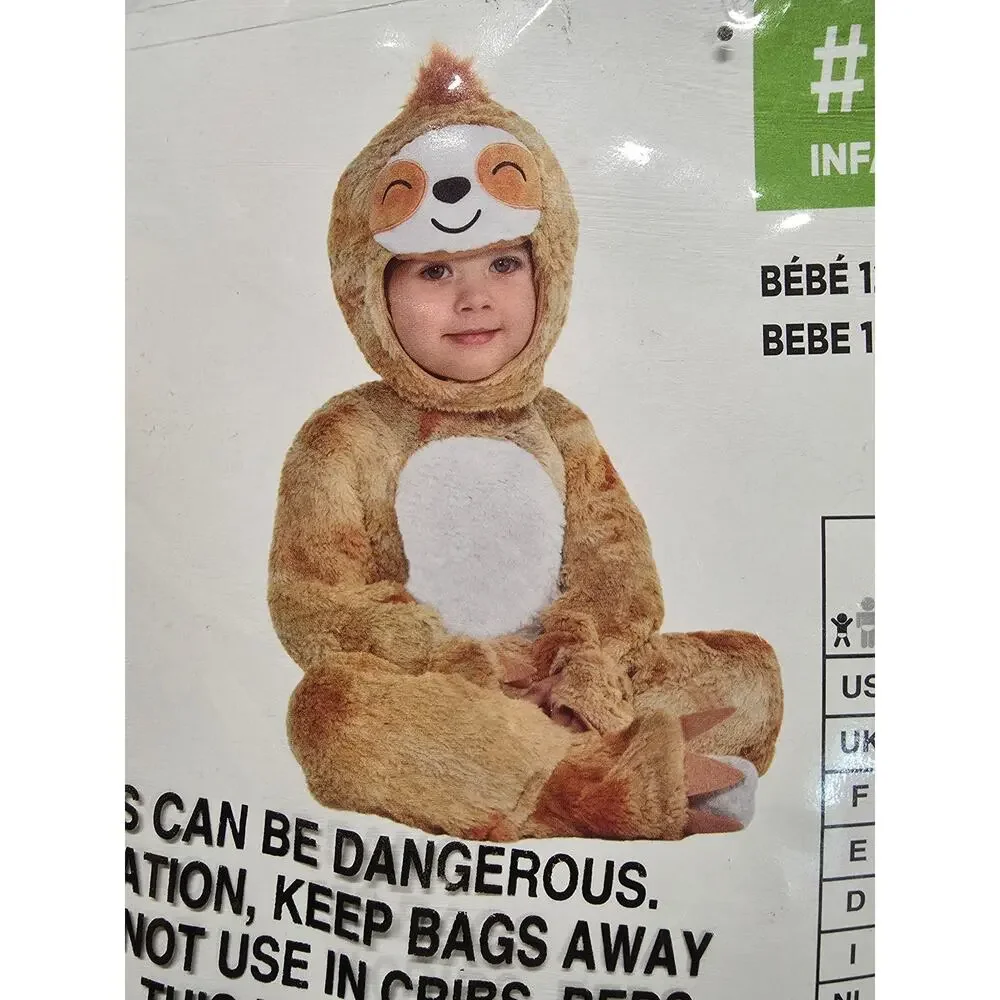 Sloth Costume Outfit Infant 12-24 Months Jumpsuit Hood NWT